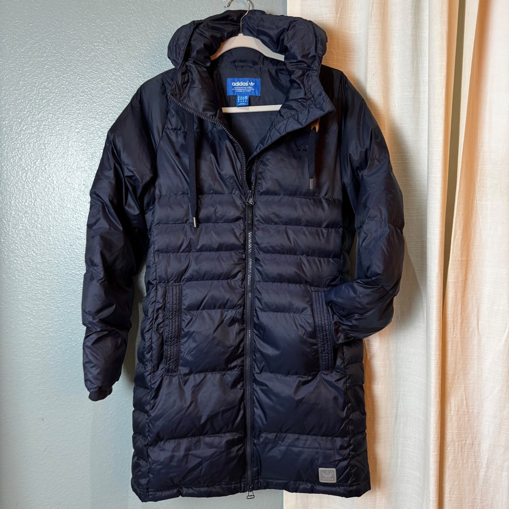 Adidas Parka Jacket Womens Medium Navy Blue Puffer Hooded Longline Insulated